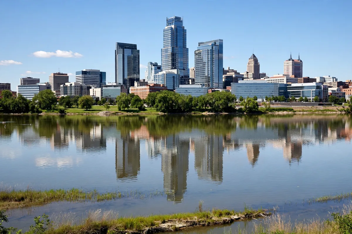 Downtown Toledo skyline reflected across the wide Maumee River