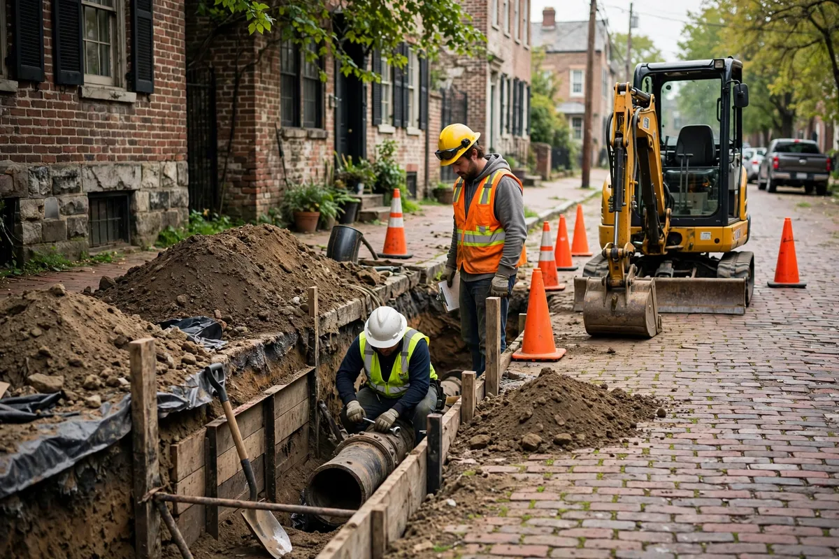 Sewer repair crew working in a dug trench beside an old brick street in a historic Toledo neighborhood
