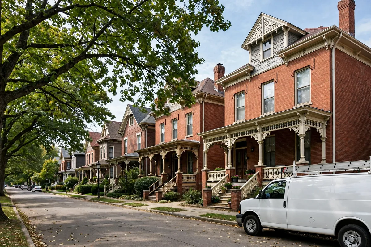 Historic brick Victorian homes on a tree-lined Old West End street in Toledo, Ohio, with a plumbing work van parked at the curb