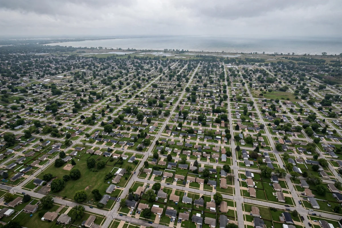 Flat northwest Ohio suburban neighborhood near Toledo on the former lake plain of Lake Erie, with Lake Erie on the horizon