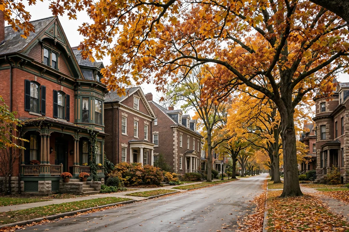 Tree-lined street in Toledo's Old West End with historic Victorian homes and mature trees over century-old clay sewer lines