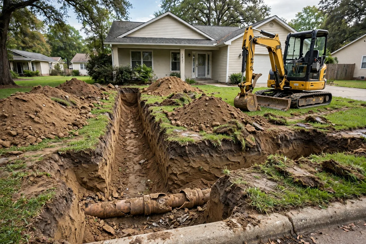 Traditional open-trench sewer excavation showing the disruptive digging that trenchless repair avoids