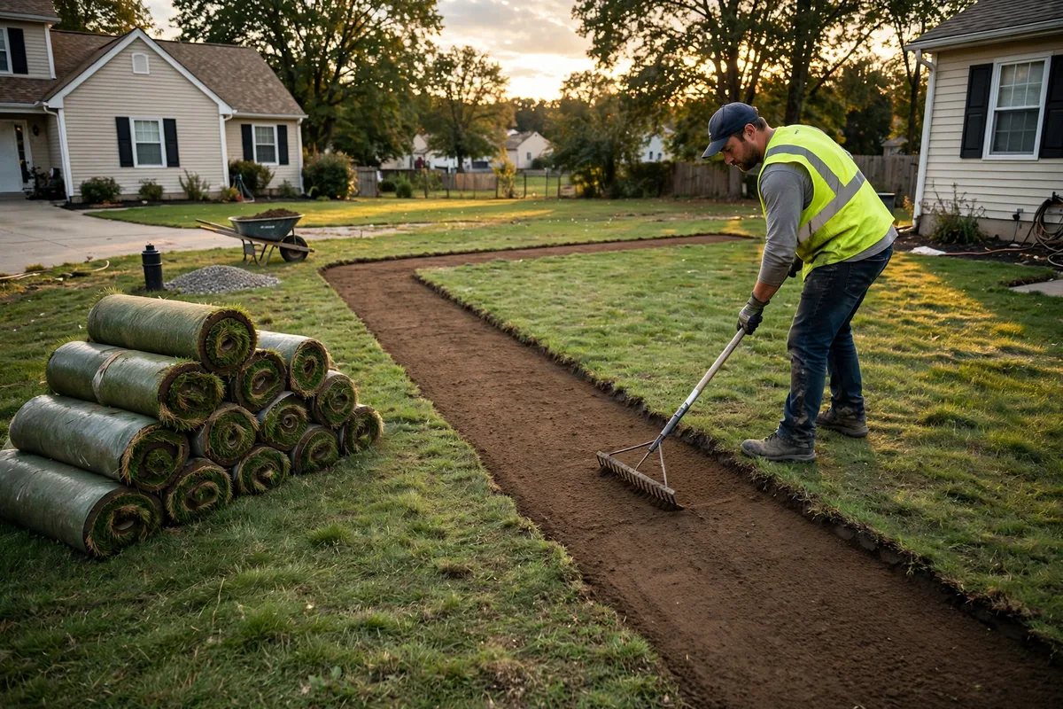 Freshly backfilled and graded yard with new sod after a sewer line replacement in suburban Ohio