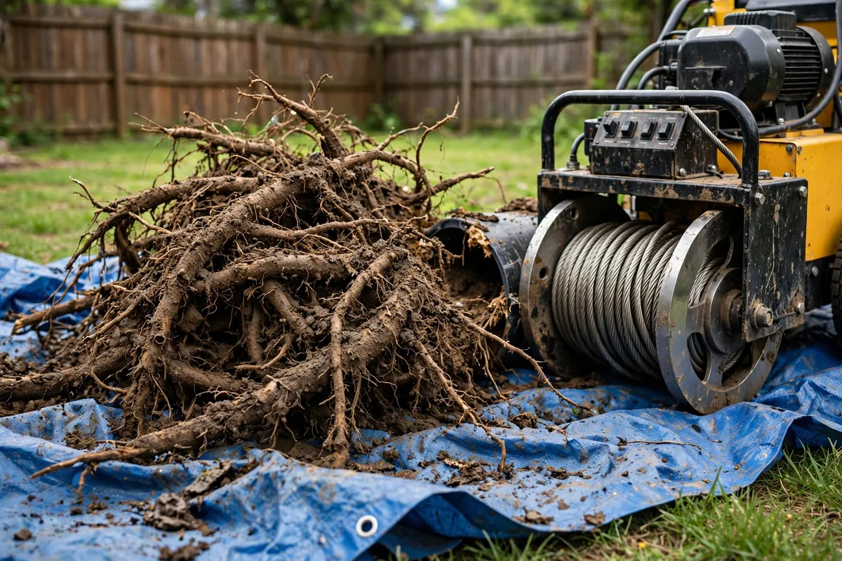 Tangled mass of thick tree roots pulled from a sewer pipe lying on a tarp next to a professional drain cleaning machine with a steel cable drum