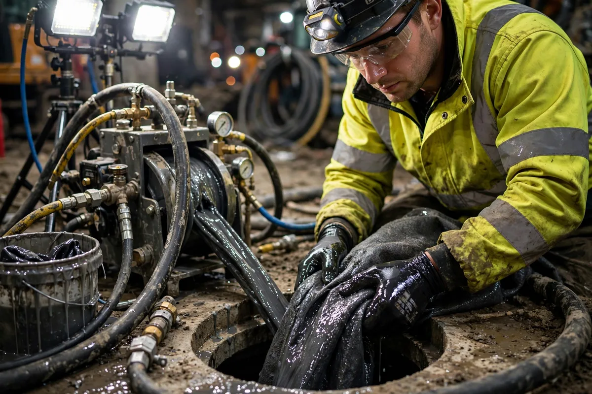 Technician feeding a resin-soaked cured-in-place pipe liner into an open sewer cleanout during a trenchless repair job at night