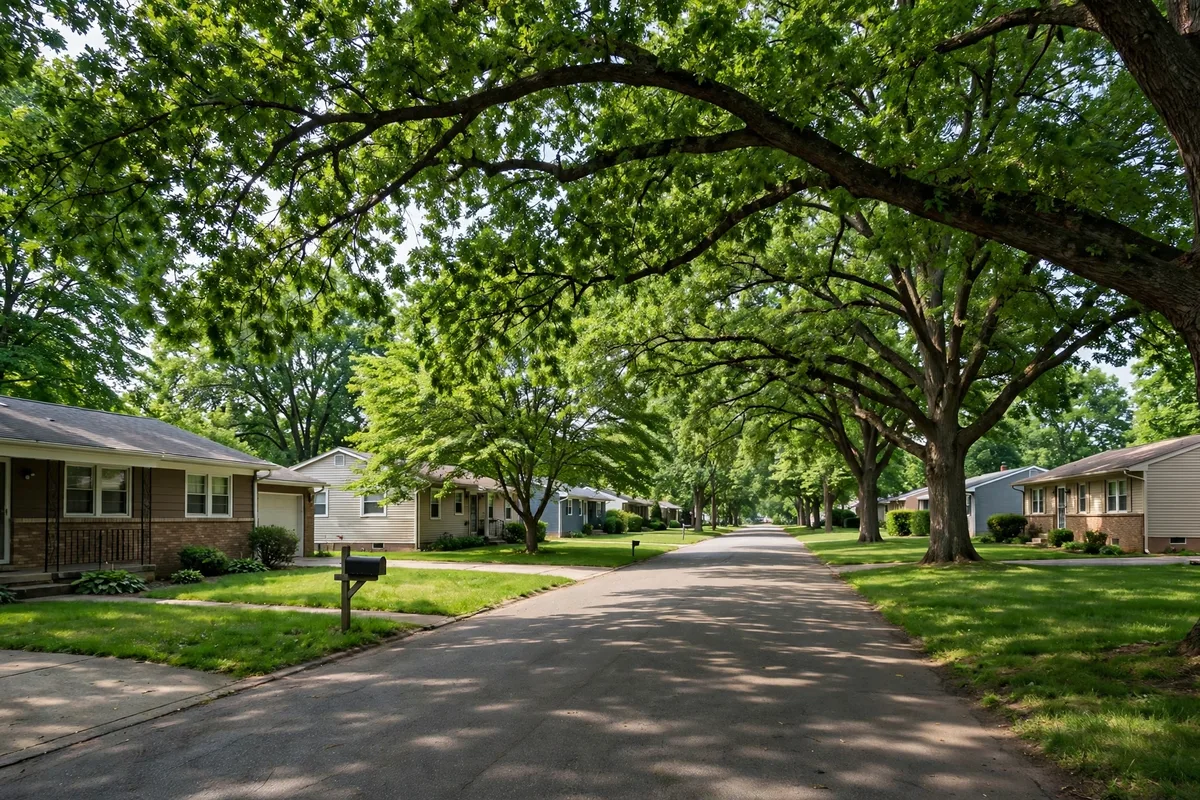 Quiet suburban street in Trotwood with ranch homes under a mature tree canopy