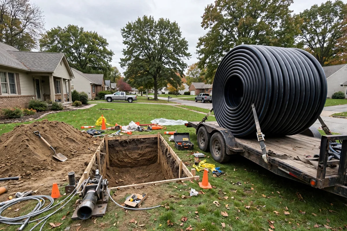 Coil of new black HDPE sewer pipe on a trailer beside an excavation pit