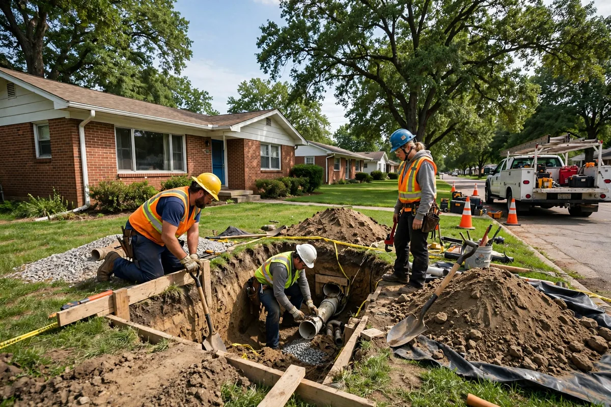 Sewer repair crew excavating a sewer lateral at a 1960s ranch home in Trotwood