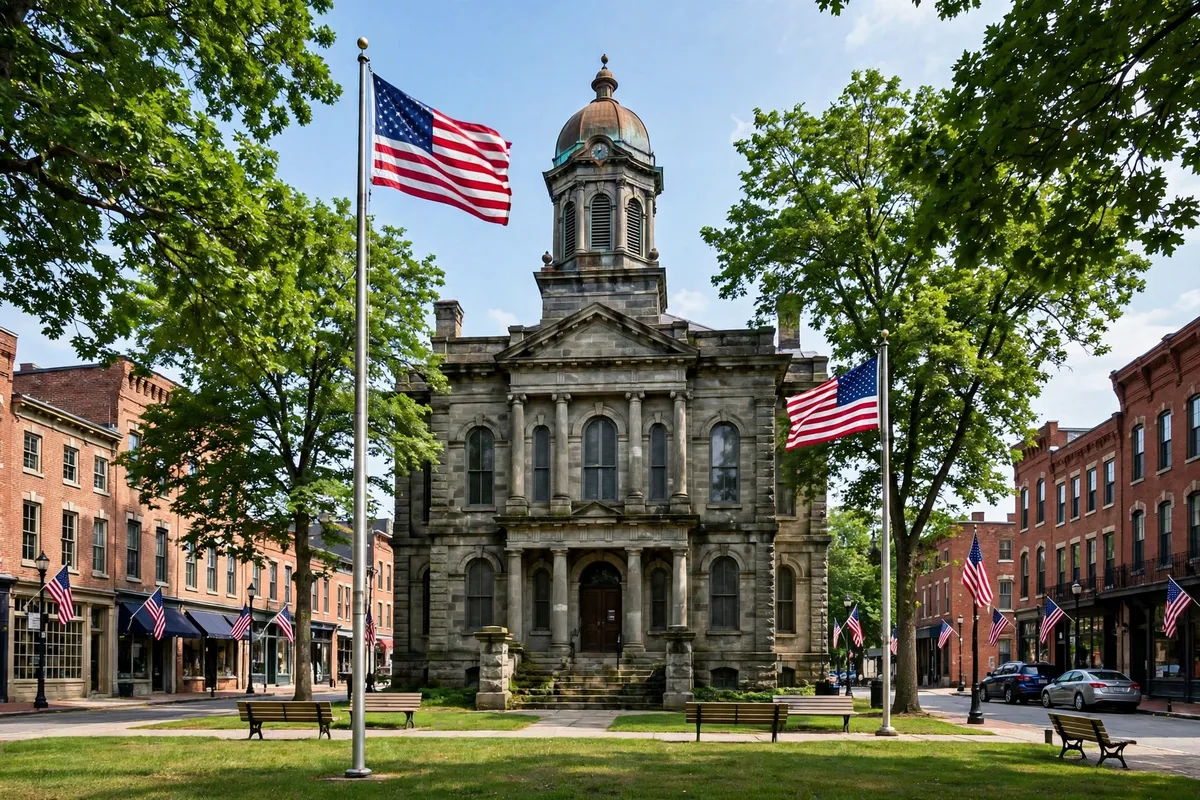 Historic public square with a grand 1800s stone courthouse and brick commercial buildings in Troy Ohio
