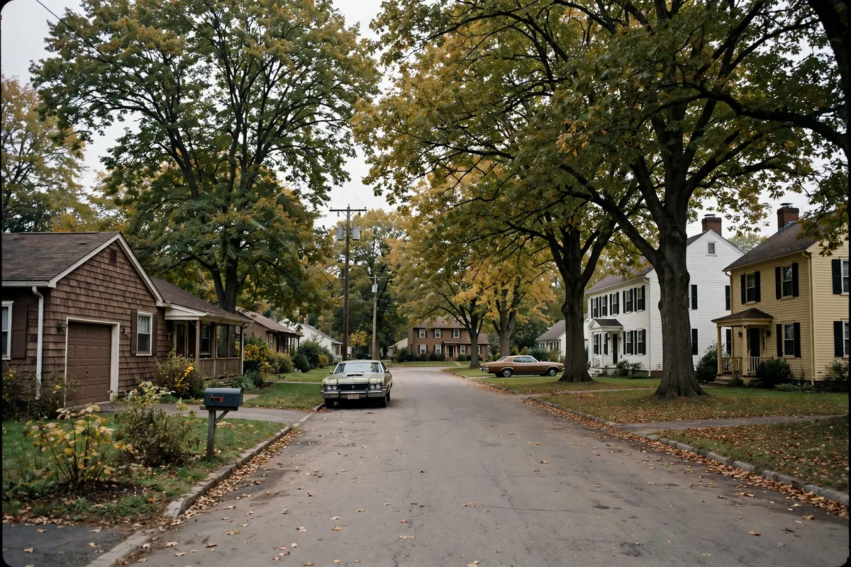 1970s suburban subdivision streets in Twinsburg, Ohio, with mature trees