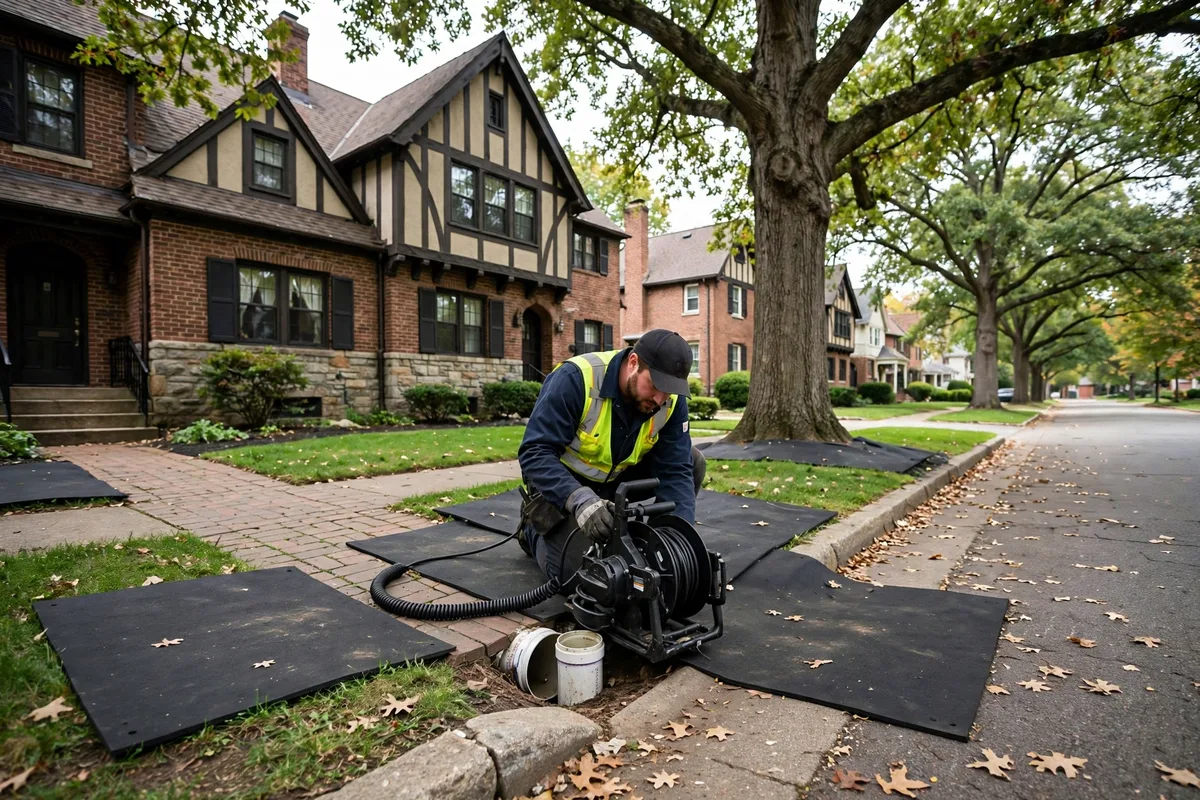 Upper Arlington, Ohio street lined with 1920s brick Tudor and colonial revival homes under a mature oak canopy