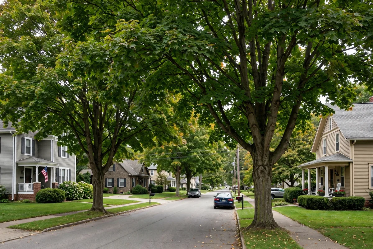 Tree-lined residential street with older homes in Wadsworth, Ohio