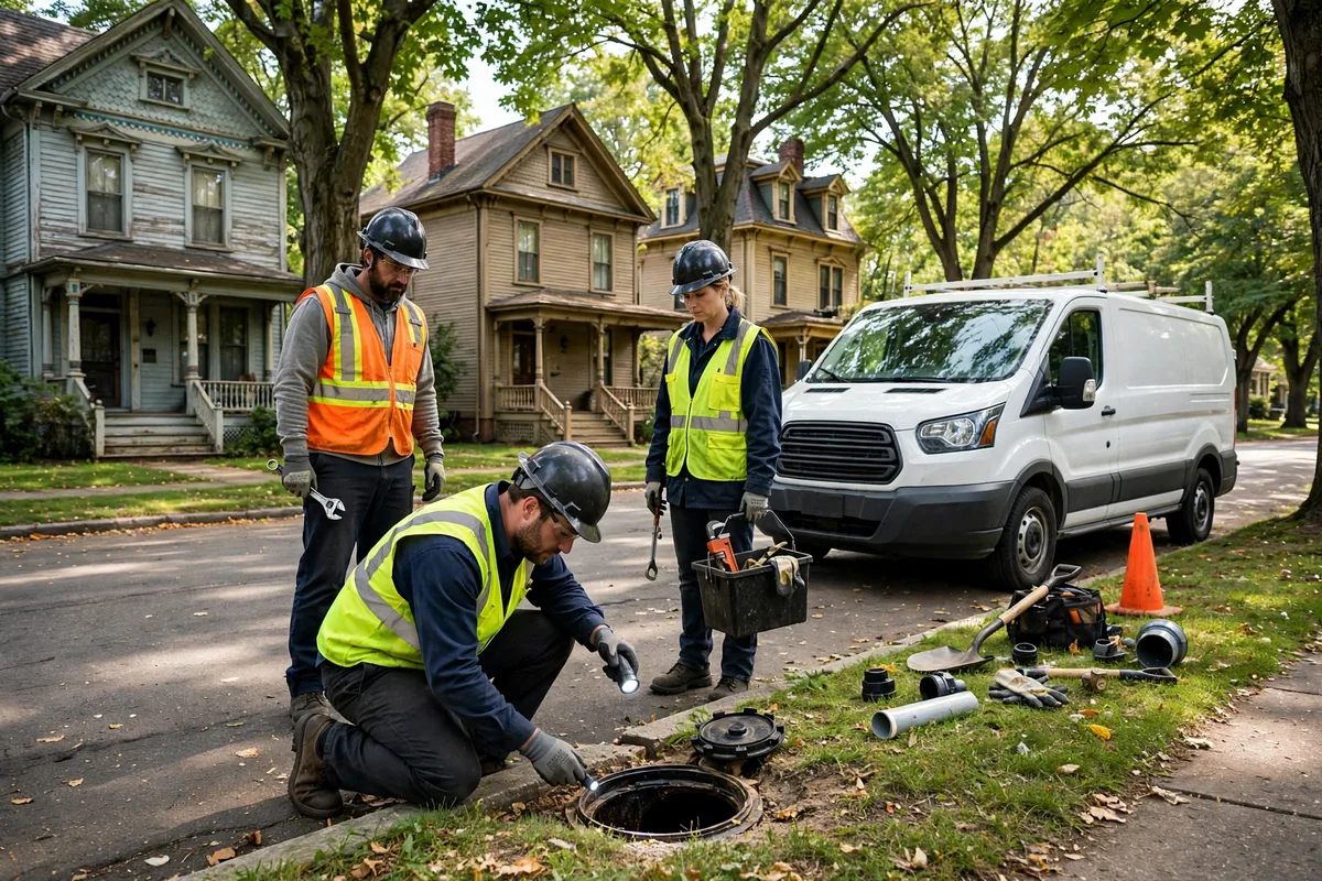 Sewer repair crew with a service van in front of historic early-1900s homes on a tree-lined street in Warren, Ohio