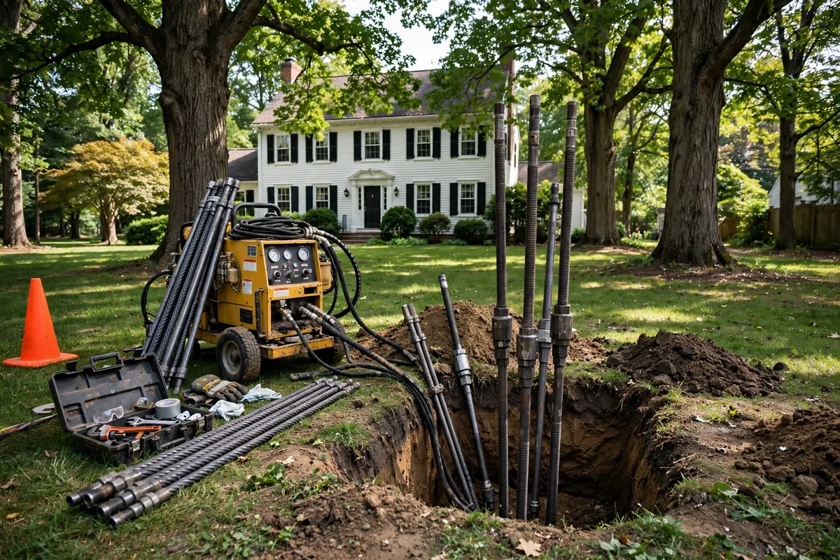 Technician performing a sewer camera inspection in the basement of an older Westerville, Ohio home with stone foundation walls