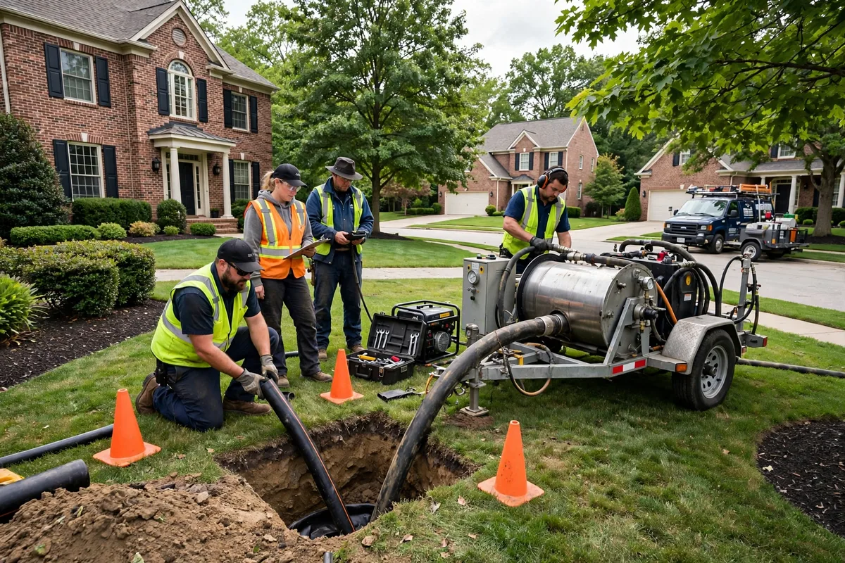 Trenchless sewer repair crew working with minimal digging in an upscale Westlake, Ohio neighborhood