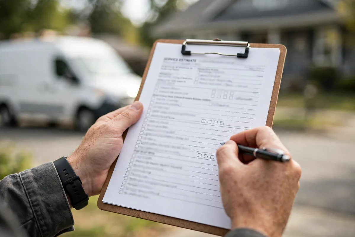 Close-up of a detailed written sewer repair plan on a clipboard