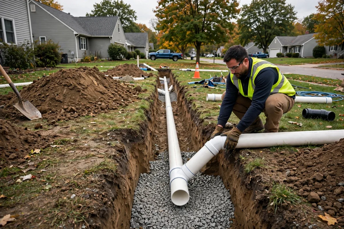Sewer replacement trench with new white PVC pipe being laid in a gravel bed