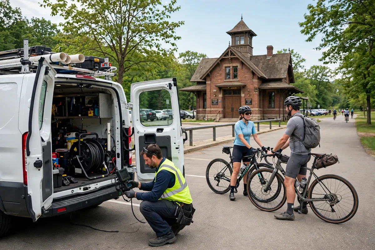 Sewer service van and technician with camera equipment at a bike trailhead in Xenia Ohio