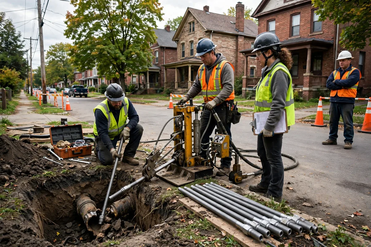 Trenchless pipe-bursting crew working on a Youngstown, Ohio residential street with early-1900s brick houses in the background
