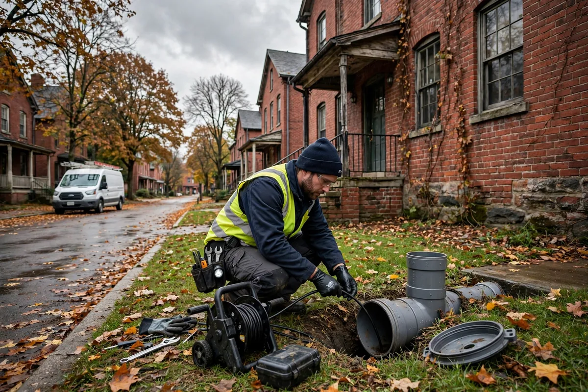 Technician feeding a sewer camera cable into a cleanout beside an early-1900s brick mill-era home in Youngstown, Ohio