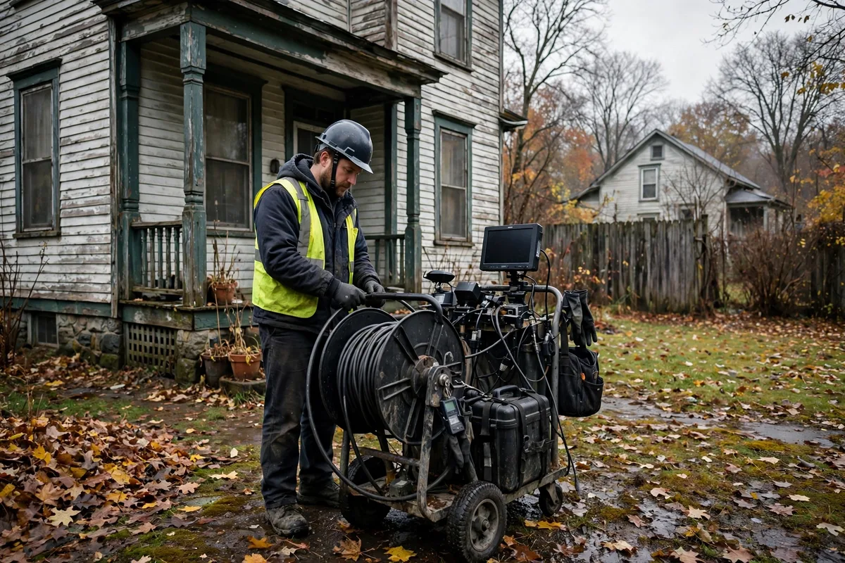 Sewer camera inspection technician with equipment in the yard of a century-old steel worker house in Youngstown, Ohio, Mahoning Valley