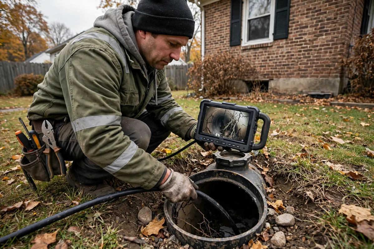Technician feeding a sewer camera cable into a cleanout at an older brick Zanesville home, monitor showing the pipe interior