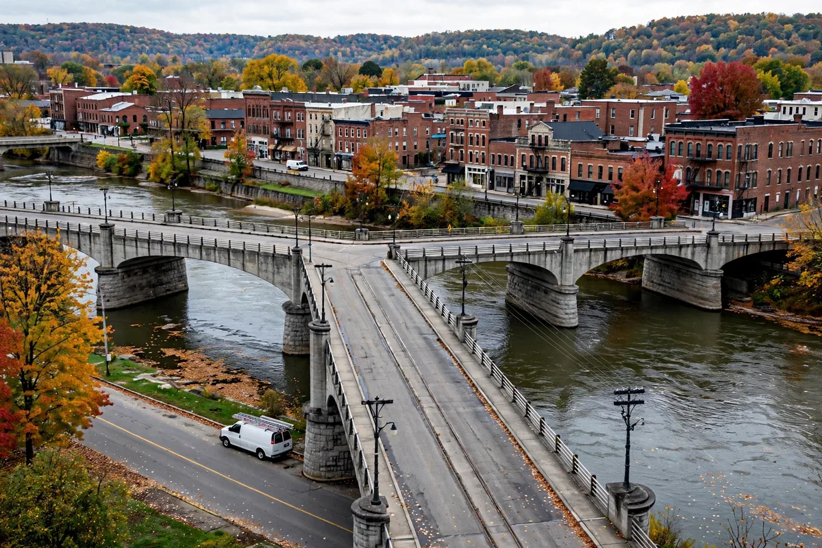 The historic three-way Y-Bridge spanning the Muskingum River in Zanesville with a sewer service van on the riverfront road